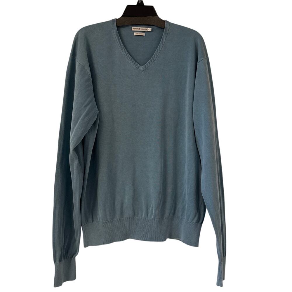 Peter Miller Large 100% Cotton Light Blue V-neck Long Sleeve Sweater Ribbed Hem